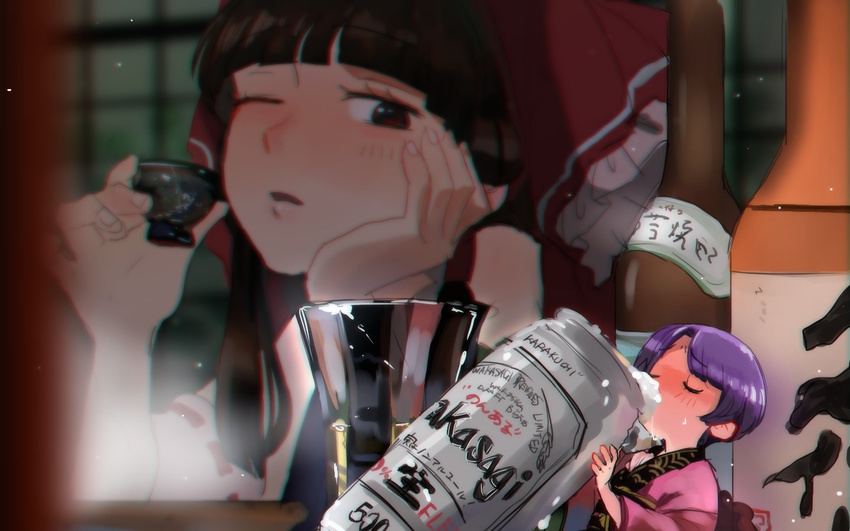 alcohol bangs beer beer_bottle beer_can blurry blush bow brand_name_imitation can choko_(cup) chromatic_aberration closed_eyes cup depth_of_field detached_sleeves drinking drunk eyebrows eyebrows_visible_through_hair foam frilled_bow frills hair_bow hair_tubes hakurei_reimu hand_on_own_face japanese_clothes kimono long_sleeves looking_at_another minigirl multiple_girls no_hat no_headwear one_eye_closed purple_hair red_bow sako_(oftn_evo) short_hair sukuna_shinmyoumaru touhou