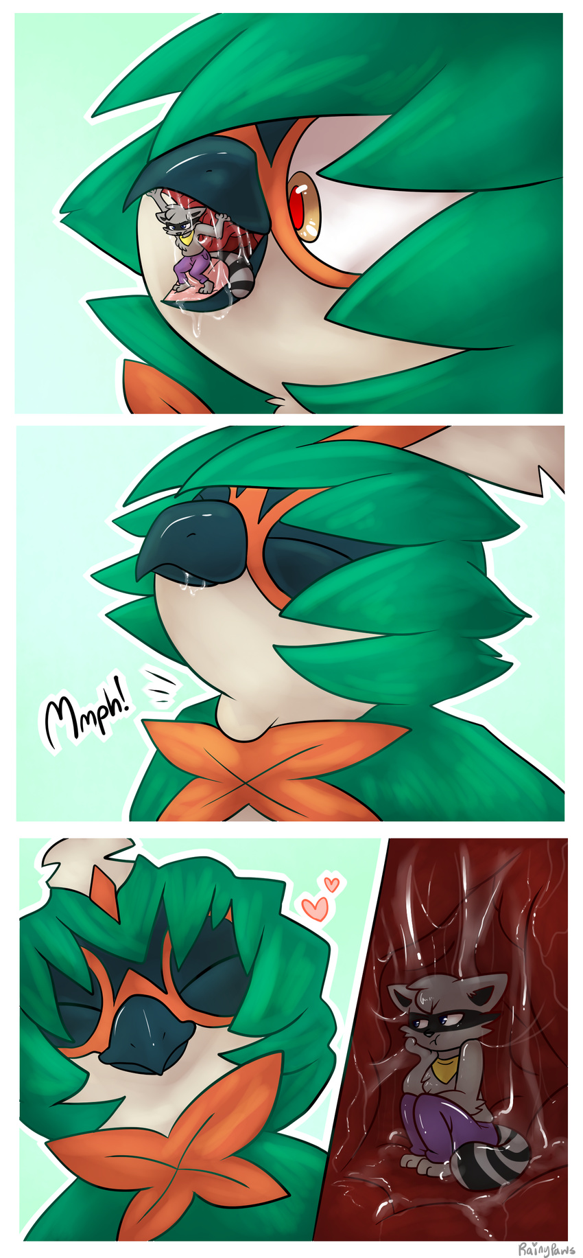 &lt;3 avian beak bird decidueye eyes_closed mammal nintendo owl pok&eacute;mon raccoon rainypaws soft_vore video_games vore