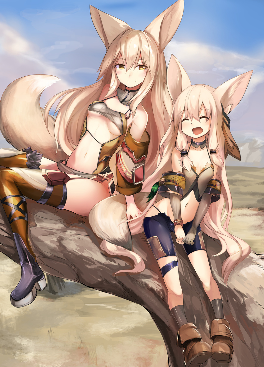 absurdres animal_ears asymmetrical_clothes bare_shoulders blonde_hair breasts closed_eyes detached_sleeves elbow_gloves fox_ears fox_tail gloves haik highres long_hair multiple_girls navel open_mouth original shorts sitting small_breasts smile tail thighhighs underboob yellow_eyes
