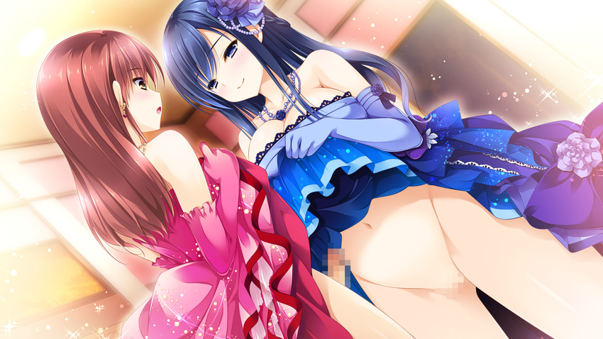 1girl asakura_chihiro bare_shoulders blue_dress blue_eyes blue_hair blush breasts brown_hair censored cleavage crossdressing dress dress_lift earrings elbow_gloves erection flower gloves hair_flower hair_ornament highres jewelry large_breasts lifted_by_self light_particles long_hair makise_satsuki mosaic_censoring navel necklace no_panties open_mouth otoko_no_ko otome_ga_irodoru_koi_no_essence penis pink_dress pussy smile sparkle yellow_eyes zinno
