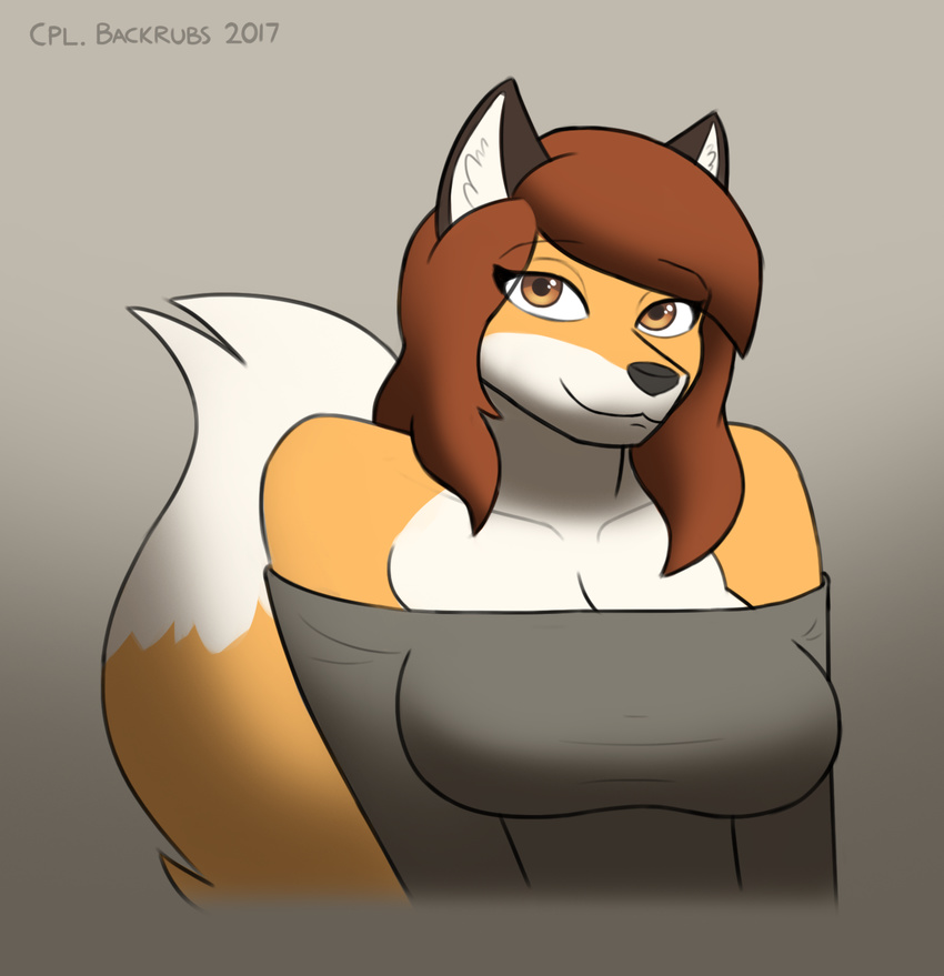 2017 anthro bare_shoulders breasts brown_eyes brown_hair canine cleavage clothed clothing corporalbackrubs digital_media_(artwork) dipstick_tail female fox fur hair hi_res long_hair looking_at_viewer mammal multicolored_fur multicolored_tail orange_fur shirt simple_background smile solo two_tone_fur white_fur