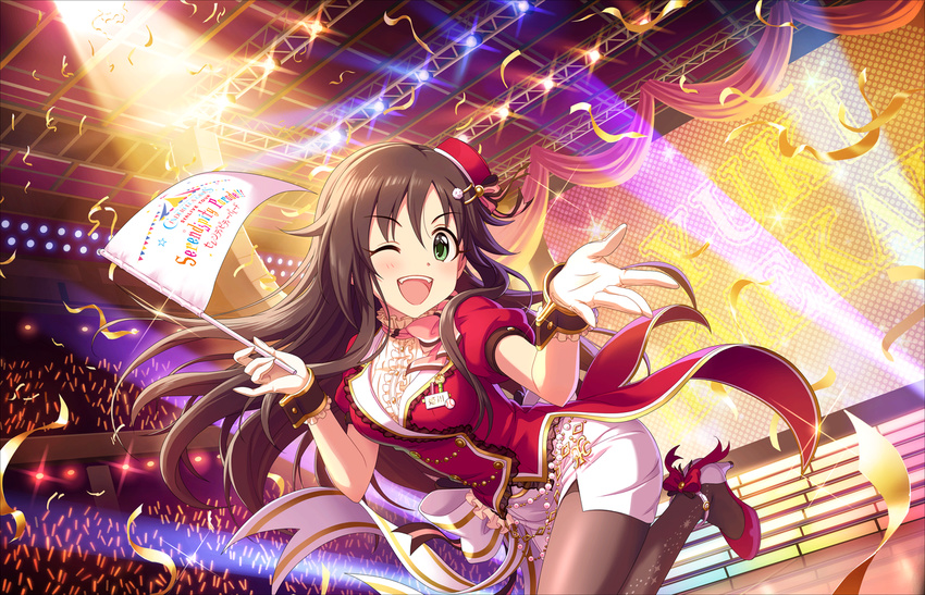 ;d artist_request blush bow breasts brown_hair character_name confetti flag gloves green_eyes hair_ornament hairclip hat high_heels himekawa_yuki idol idolmaster idolmaster_cinderella_girls idolmaster_cinderella_girls_starlight_stage long_hair looking_at_viewer medium_breasts mini_hat official_art one_eye_closed open_mouth pantyhose puffy_short_sleeves puffy_sleeves short_sleeves skirt smile solo stage