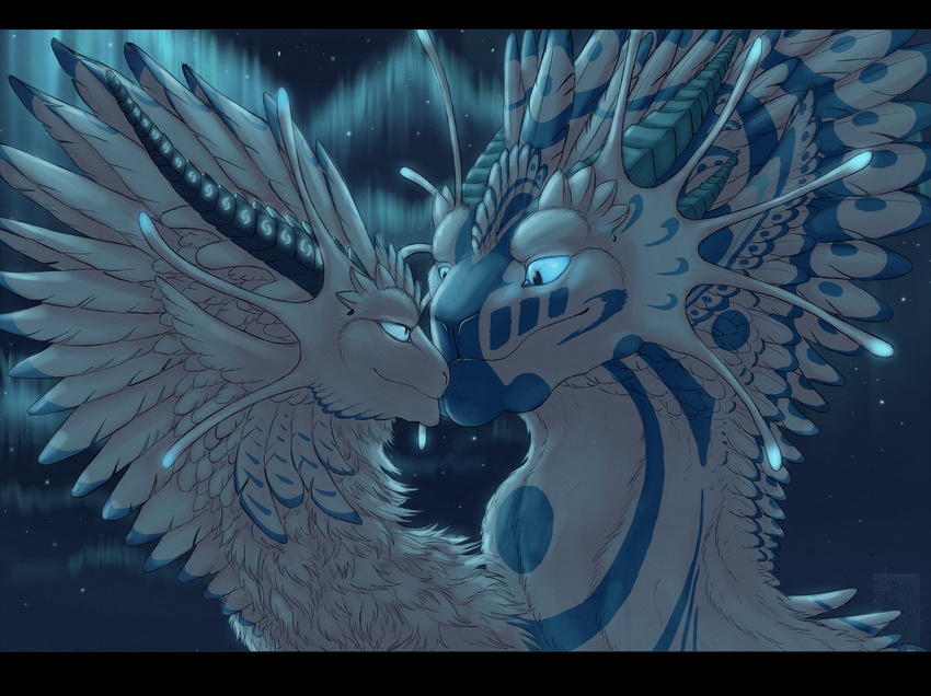black_bars blue_eyes blue_feathers detailed_background dragon duo feathered_dragon feathers female horn keltaan male night outside ridged_horn sky smile star starry_sky white_feathers