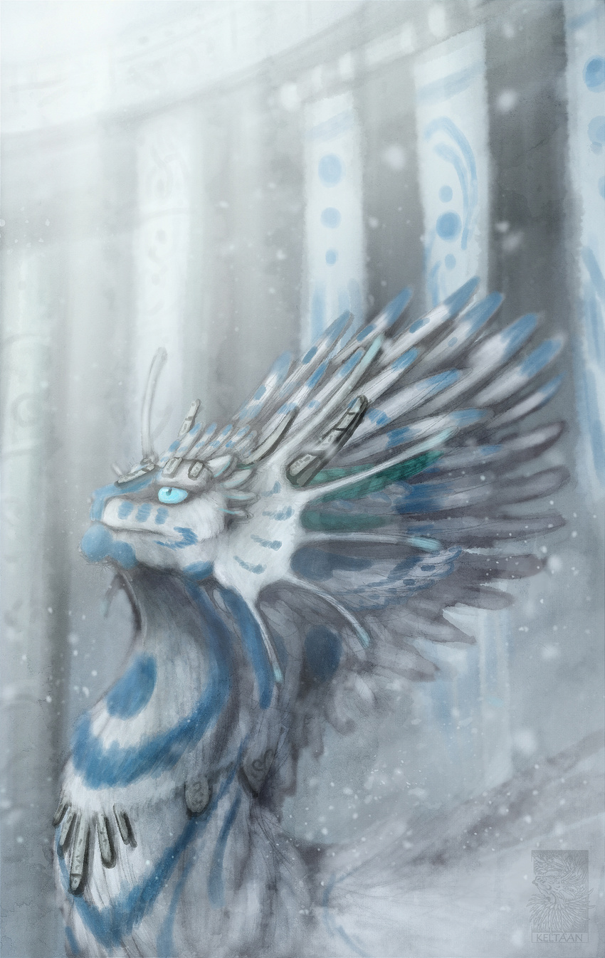 ambiguous_gender blue_eyes blue_feathers blue_fur detailed_background dragon feathered_dragon feathers fur furred_dragon keltaan outside solo white_feathers white_fur