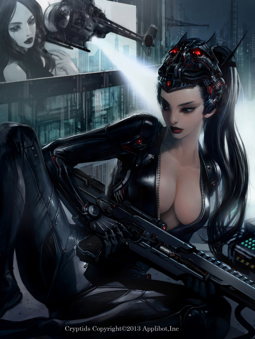 aircraft billboard black_eyes black_hair bodysuit breasts center_opening city dual_persona full-length_zipper helicopter highres jung_myung_lee large_breasts legend_of_the_cryptids lipstick long_hair makeup mask mask_on_head mole mole_under_eye no_bra science_fiction sitting solo unzipped weapon zipper