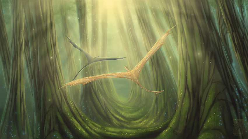ambiguous_gender detailed_background dragon duo feral flying forest keltaan membranous_wings moss outside scalie spread_wings tree western_dragon wings