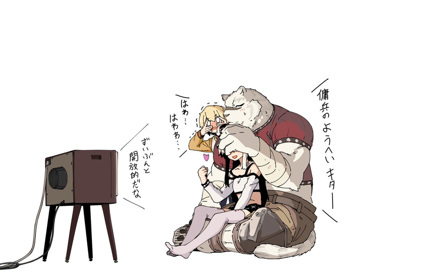 1boy 2girls ahoge albus_(zero_kara_hajimeru_mahou_no_sho) arm_wrap bare_shoulders belt belt_pouch black_shorts blonde_hair blush clenched_hand collarbone commentary_request covering_eyes crop_top embarrassed eyebrows_visible_through_hair furry heart iwasaki_takashi long_hair long_sleeves mercenary_(zero_kara_hajimeru_mahou_no_sho) midriff multiple_boys multiple_girls muscle open_mouth orange_shirt paws peeking_through_fingers pouch red_shirt reverse_trap shirt short_shorts short_sleeves shorts silver_hair simple_background sitting sitting_on_lap sitting_on_person skin_tight smile sweatdrop television thighhighs tiger translated trembling white_background white_hair white_legwear white_tiger zero_(zero_kara_hajimeru_mahou_no_sho) zero_kara_hajimeru_mahou_no_sho