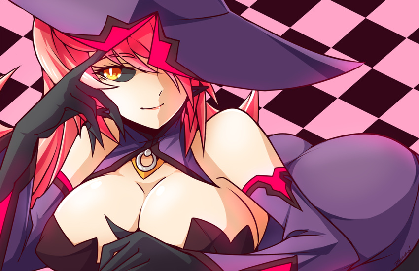 1girl arc_system_works ass bare_shoulders black_sclera blazblue blazblue:_central_fiction breasts cleavage detached_sleeves dress gloves hair_over_one_eye hat huge_breasts konoe_a_mercury long_hair looking_at_viewer lying lyn_(shunao) on_stomach orange_eyes pink_hair short_dress smile solo witch_hat