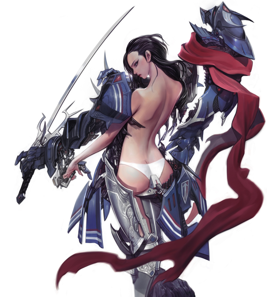absurdres armor ass bare_back black_hair closed_mouth from_behind highres jung_myung_lee katana long_hair looking_back mecha_musume mechanical_arm original panties red_scarf scarf solo sword underwear weapon white_panties