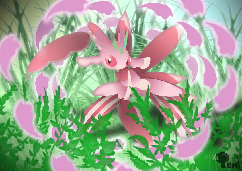 ambiguous_gender antennae arthropod detailed_background edo_nova flora_fauna lurantis nintendo pink_body pink_eyes plant pok&eacute;mon solo video_games