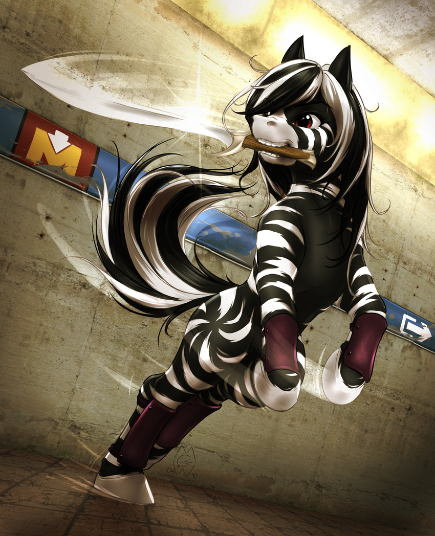 black_fur black_hair brown_eyes detailed_background equine fan_character female feral fur hair holding_object holding_weapon hooves mammal melee_weapon my_little_pony mykegreywolf solo stripes sword teeth weapon white_hair white_stripes zebra