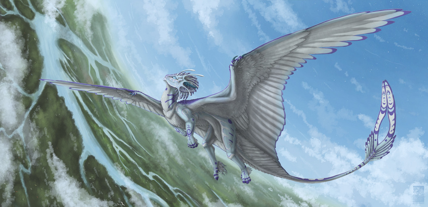 ambiguous_gender claws detailed_background dragon feathered_dragon feathers featureless_crotch feral flying keltaan outside sky smile solo white_feathers