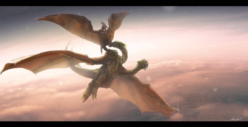 battle claws cloud commentary dragon dragon_wings fangs godzilla_(series) green_hair highres horns inkveil-matter kaijuu king_ghidorah long_hair monster multiple_heads multiple_tails no_humans open_mouth realistic rodan scales sharp_teeth size_difference sky star sunset tail teeth wings