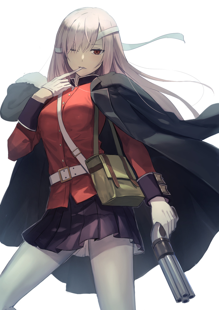 bag belt biting black_skirt breasts cowboy_shot fate/grand_order fate_(series) feng_ze florence_nightingale_(fate/grand_order) glove_biting gloves gun hair_over_one_eye highres holding holding_gun holding_weapon jacket_on_shoulders long_hair long_sleeves looking_at_viewer medium_breasts military military_uniform miniskirt one_eye_closed pantyhose red_eyes shoulder_bag silver_hair skirt solo uniform weapon white_gloves white_legwear