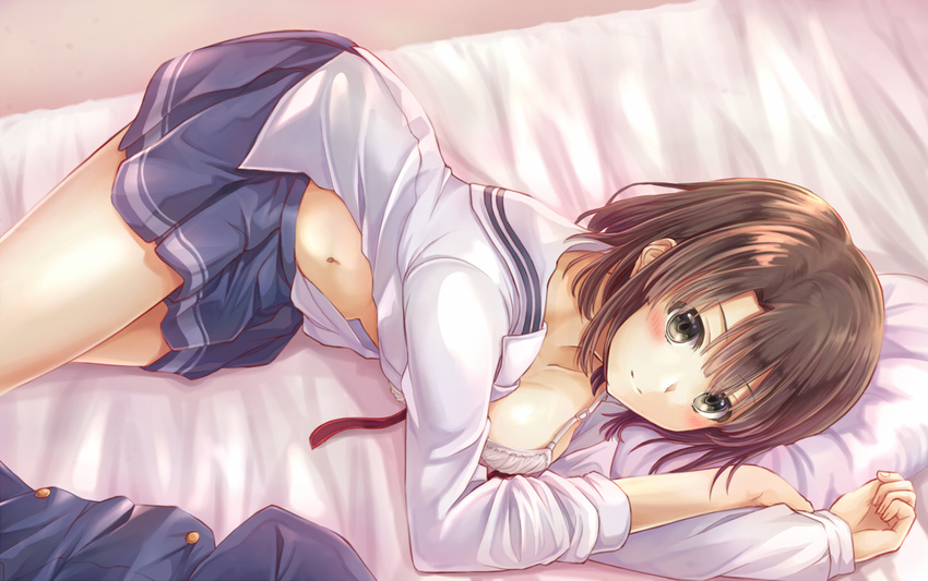 arigato_(rmskrtkdlqj) bangs blue_skirt blush breasts brown_eyes brown_hair closed_mouth collarbone from_above from_side katou_megumi long_sleeves lying medium_breasts navel on_bed on_side open_clothes open_shirt pillow pleated_skirt red_ribbon ribbon saenai_heroine_no_sodatekata school_uniform serafuku shirt short_hair skirt smile solo striped striped_skirt undone white_shirt