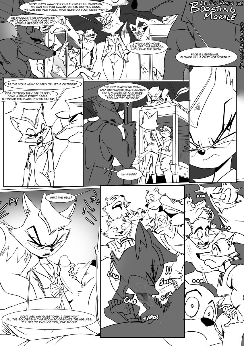 ! ... ? ?! anthro balls bed breasts canine captainjingo clothing comic dialogue english_text eyewear fellatio female fox glasses greyscale group handjob hat interspecies lt._fox_vixen male male/female mammal monochrome oral penis sek_studios sex sound_effects speech_bubble squirrel_and_hedgehog text wolf