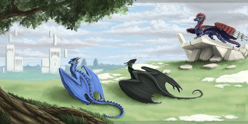 ambiguous_gender cloud day detailed_background dragon feathered_dragon feathered_wings feathers feral grass horn keltaan membranous_wings outside sky spines standing tree wings