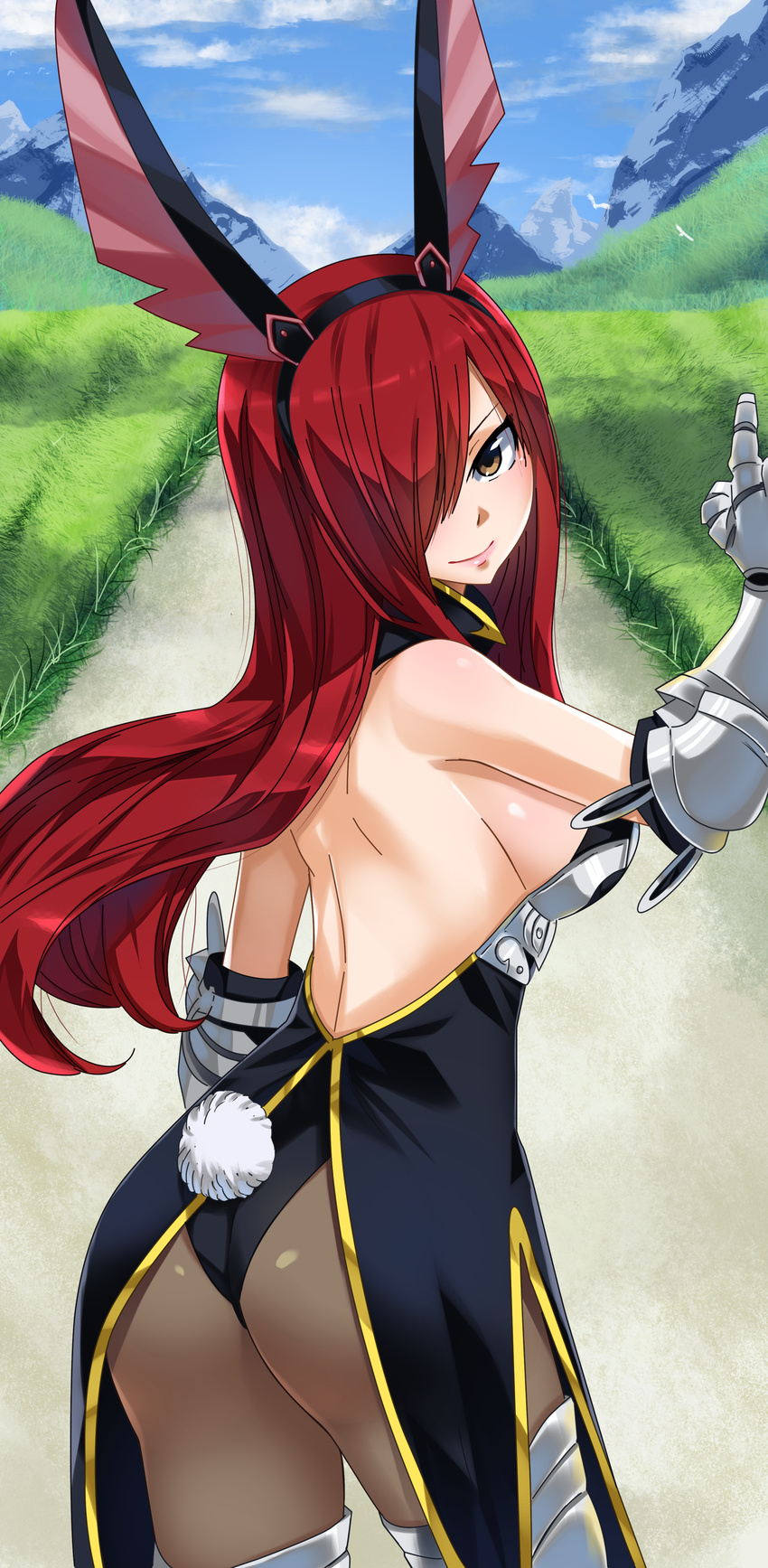 1girl blush breasts brown_eyes bunny_ears bunny_suit erza_scarlet fairy_tail large_breasts legwear long_hair looking_at_viewer parted_lips red_hair