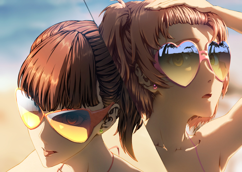 armpits bangs bare_shoulders blunt_bangs brown_eyes brown_hair collarbone earrings eyelashes face hand_in_hair hand_on_head heart heart-shaped_eyewear highres jay_zhang jewelry looking_at_viewer multiple_girls original pink_hair ponytail siblings side_ponytail sisters stud_earrings sunglasses tongue tongue_out twins yellow_eyes