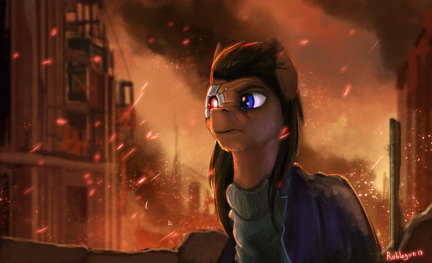 2017 blue_eyes brown_fur brown_hair clothed clothing cybernetics cyborg detailed_background fan_character feral fur hair implied_fire machine male my_little_pony rublegun solo