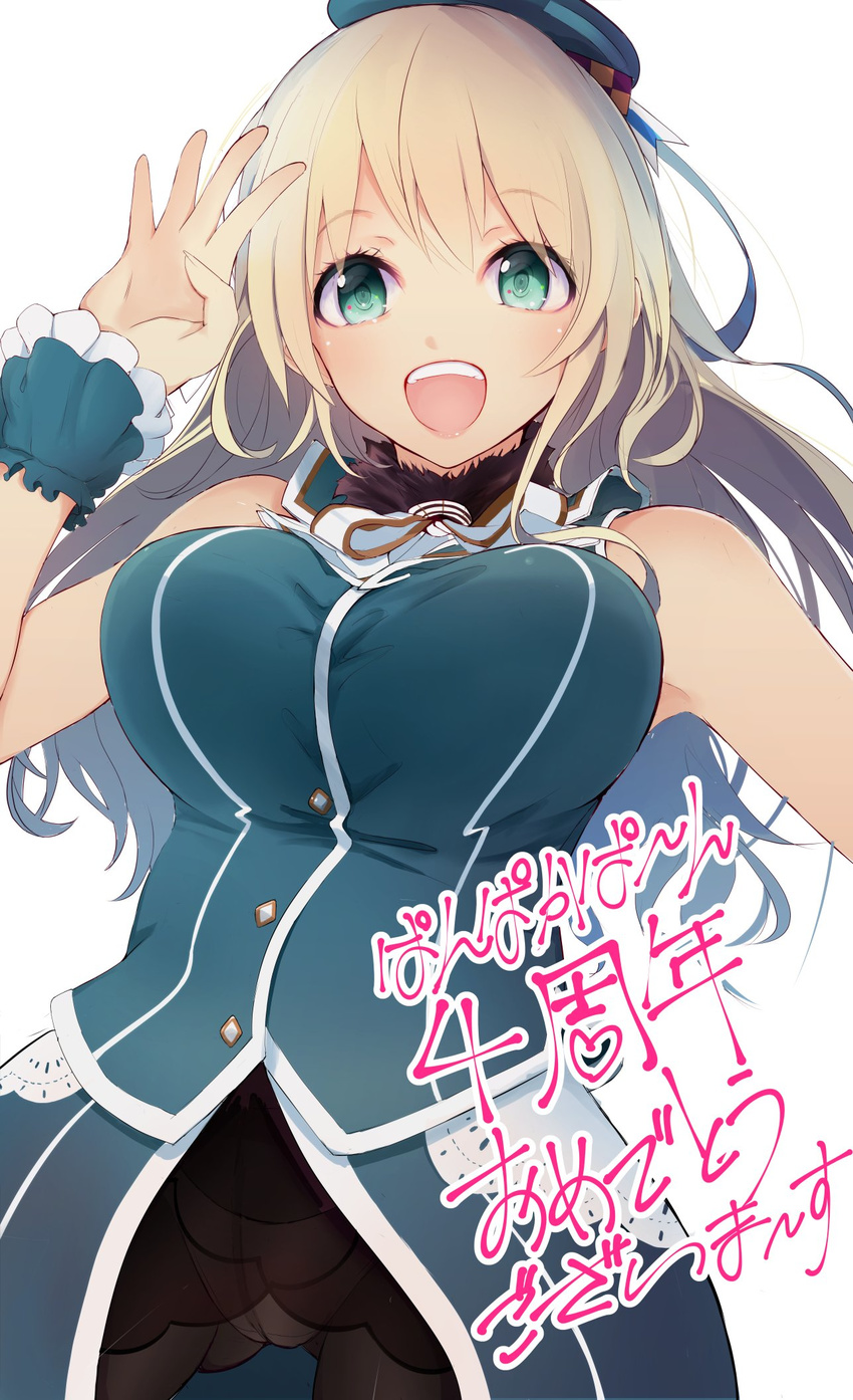 adapted_costume anniversary aqua_eyes arm_up atago_(kantai_collection) beret blonde_hair blue_dress blue_hat breasts buttons dress fur_collar hat highres kantai_collection large_breasts long_hair looking_at_viewer neckerchief panties panties_under_pantyhose pantyhose simple_background solo tebi_(tbd11) underbust underwear waving white_background white_neckwear white_panties wrist_cuffs