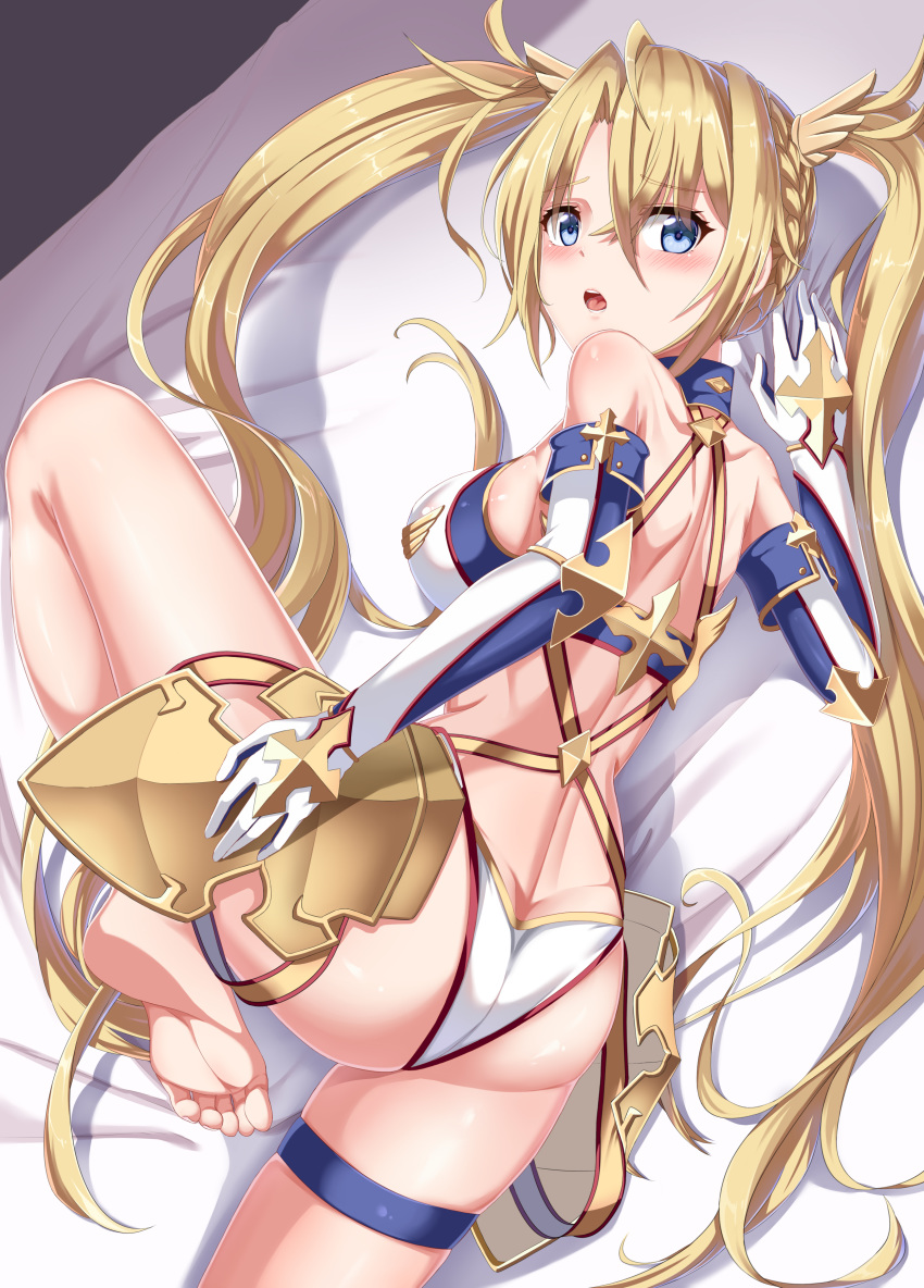 1girl armor ass bare_shoulders barefoot bed blonde_hair blue_eyes blush bradamante_(fate/grand_order) braid breasts butt_crack fate/grand_order fate_(series) gatari gloves large_breasts long_hair looking_at_viewer looking_back lying on_side open_mouth shiny shiny_hair shiny_skin sideboob solo thigh_strap thong twintails very_long_hair