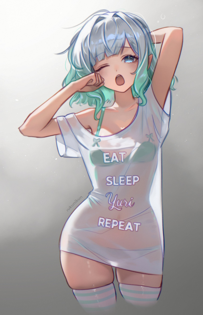 1girl absurdres arm_behind_head arm_up artist_name blue_eyes bra_visible_through_clothes breasts clothes_writing commentary contrapposto curvy english_commentary english_text ghost_girl gradient_background gradient_hair green_hair grey_background grey_hair hair_intakes highres indie_virtual_youtuber looking_at_viewer mint_fantome mint_fantome_(minto_2.0) multicolored_hair one_eye_closed open_mouth panties_visible_through_clothes revision rukunikun see-through_silhouette short_hair short_sleeves simple_background skindentation small_breasts solo teeth thighhighs thighs upper_teeth_only virtual_youtuber white_thighhighs yawning