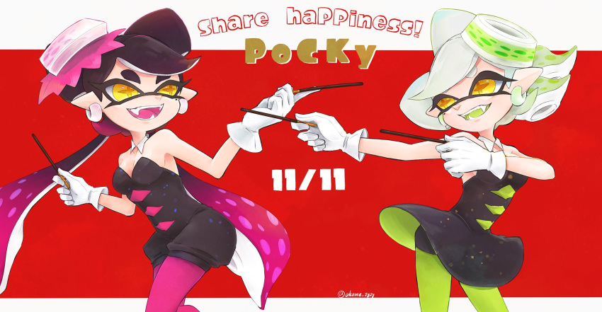+_+ 2girls aori_(splatoon) bike_shorts black_hair black_jumpsuit breasts brown_eyes cleavage commentary cousins dated detached_collar domino_mask dress earrings english english_commentary fangs food food_on_head gloves gradient_hair green_hair green_legwear green_tongue grey_hair hairband highres holding holding_food hotaru_(splatoon) jewelry letterboxed long_hair looking_at_another looking_back mask medium_dress mole mole_under_eye multicolored_hair multiple_girls object_on_head okome_2g2g open_mouth pantyhose pocky pocky_day pointing pointy_ears purple_hair purple_legwear purple_tongue short_dress short_hair short_jumpsuit shorts_under_dress smile splatoon splatoon_(series) splatoon_1 standing strapless strapless_dress sushi tentacle_hair twitter_username white_gloves