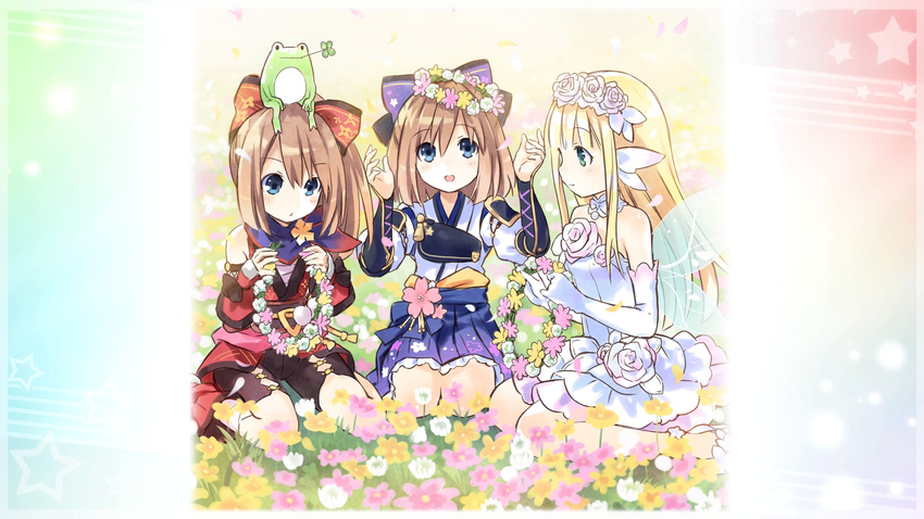 :d :o absurdres armor armored_dress arms_up blonde_hair blue_eyes bouquet_(choujigen_game_neptune) bow brown_hair clover detached_sleeves dress fairy_wings flower four-leaf_clover four_goddesses_online:_cyber_dimension_neptune frilled_dress frills frog game_cg hair_bow hair_flower hair_ornament head_wreath highres holding japanese_clothes light_brown_hair long_hair looking_at_another multiple_girls neckerchief necktie neptune_(series) ninja open_mouth ponytail ram_(choujigen_game_neptune) rom_(choujigen_game_neptune) rose samurai short_hair shoulder_armor siblings sitting smile tsunako twins white_dress wings