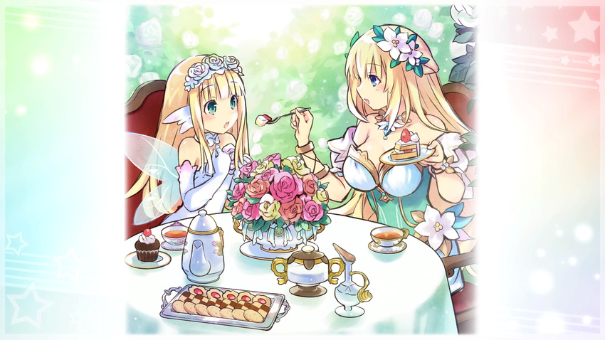 absurdres blonde_hair blue_eyes blush bouquet bouquet_(choujigen_game_neptune) bracelet breasts cake candle cookie cup cupcake detached_sleeves dress eyebrows_visible_through_hair fairy_wings feeding flower food four_goddesses_online:_cyber_dimension_neptune game_cg gloves green_dress hair_flower hair_ornament hand_on_own_chest highres holding holding_plate jewelry large_breasts long_hair multiple_girls necklace necktie neptune_(series) plate sitting sleeve_cuffs smile table teacup teapot tsunako vert white_dress white_gloves wings