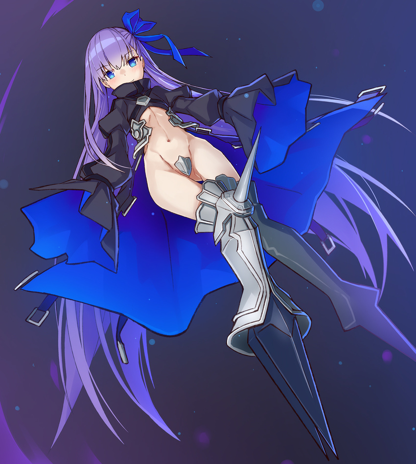 armor armored_boots bangs black_coat blue_eyes blue_ribbon blush boots closed_mouth commentary_request crotch_plate eyebrows_visible_through_hair fate/extra fate/extra_ccc fate_(series) flat_chest full_body hair_ribbon highres juliet_sleeves light_smile long_coat long_hair long_sleeves looking_at_viewer meltlilith navel puffy_sleeves purple_hair revealing_clothes ribbon smile solo takanashi_kei_(hitsujikan) thighs very_long_hair