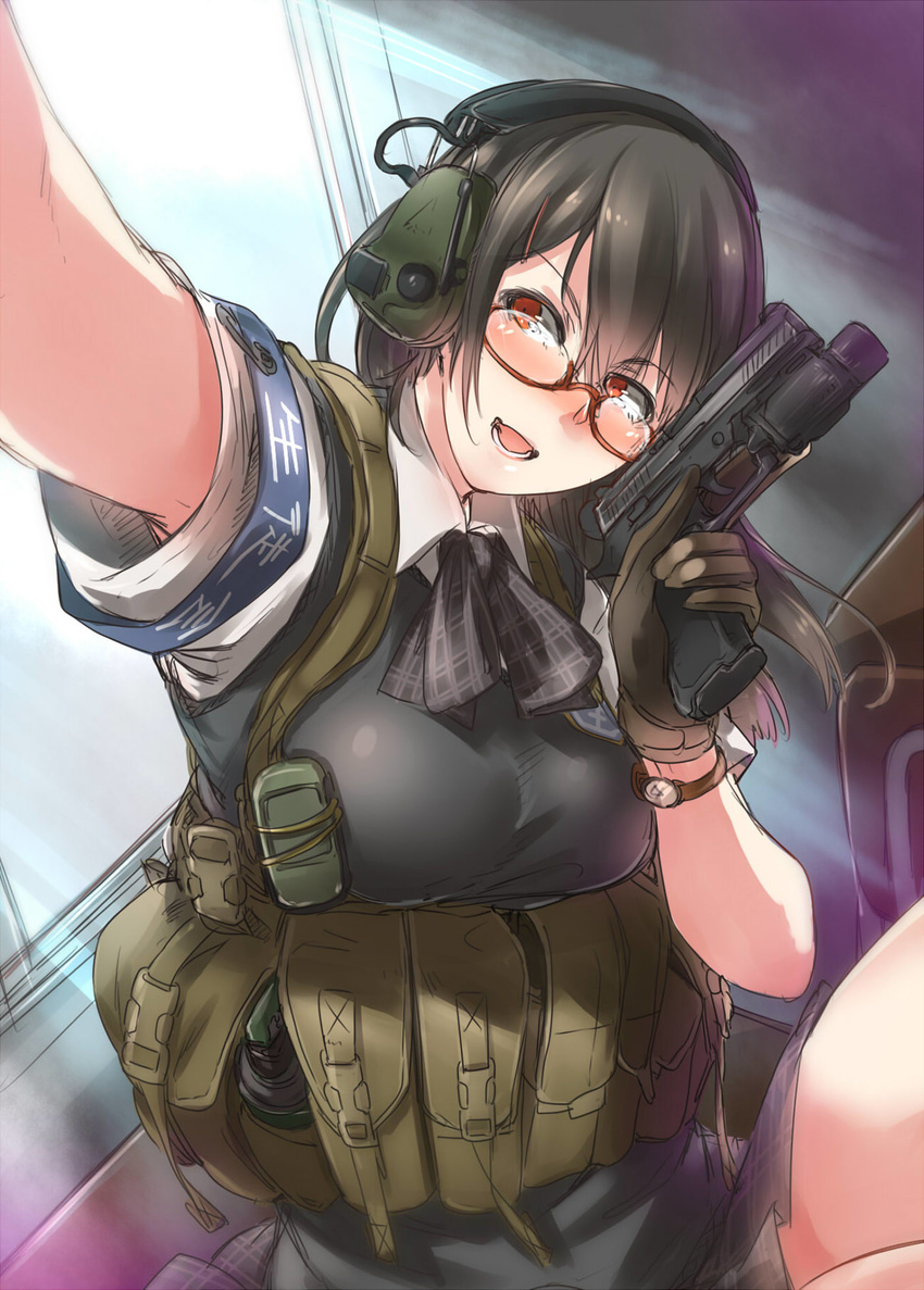 :d armband ayyh blush breasts foreshortening gloves gun handgun headset highres large_breasts looking_to_the_side open_mouth original pistol pleated_skirt reaching_out red_eyes self_shot sig_sauer sig_sauer_p320 skirt smile solo trigger_discipline utility_vest vest watch weapon wristwatch