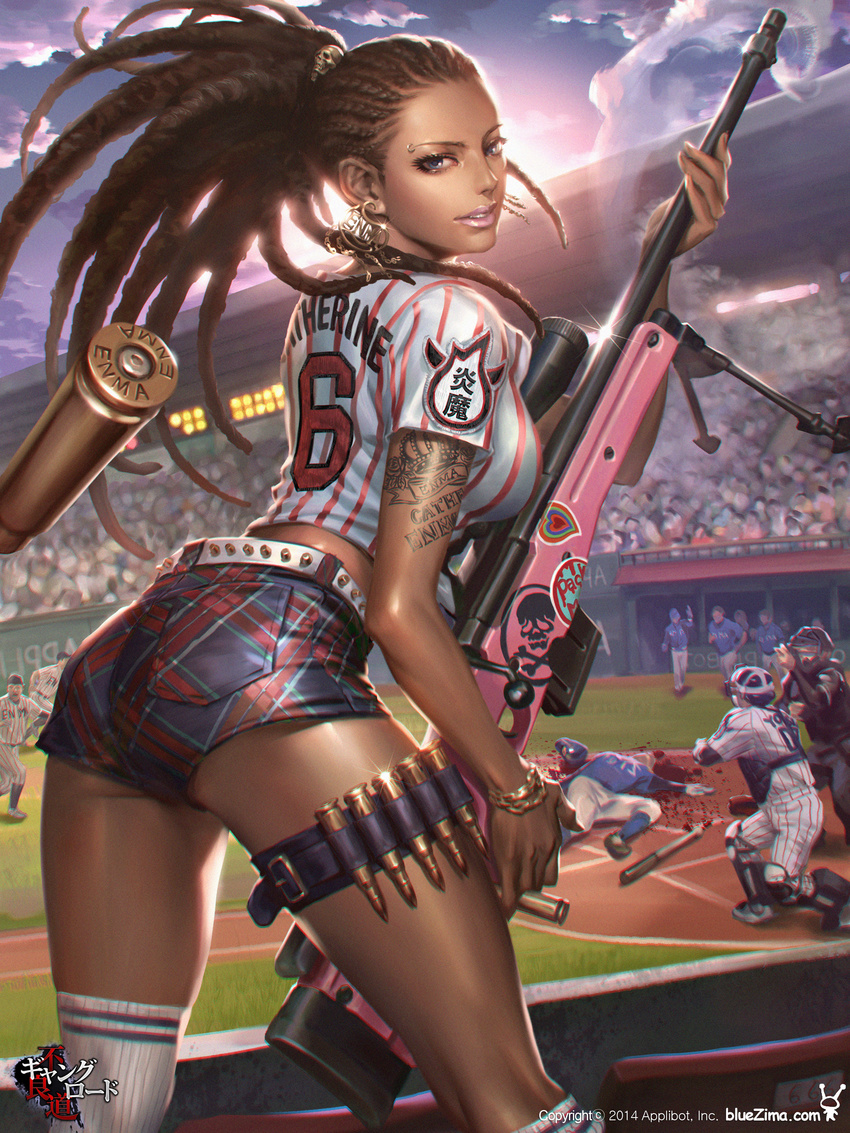 absurdres ai_arctic_warfare ass baseball_stadium baseball_uniform belt blood blue_eyes bolt_action bracelet breasts brown_hair bullet character_name chromatic_aberration commentary dark_skin death dong-wook_shin earrings eyebrow_piercing eyebrows eyelashes forehead from_behind furyou_michi_~gang_road~ gun hairlocs highres holding holding_gun holding_weapon jewelry large_breasts lips lipstick long_hair looking_at_viewer looking_back makeup mole over-kneehighs piercing realistic rifle shell_casing shorts smoke smoking_gun sniper_rifle solo sportswear striped studded_belt tattoo thigh_strap thighhighs vertical_stripes very_dark_skin weapon