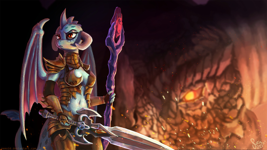 anthro armor breasts dragon duo female friendship_is_magic holding_object holding_weapon horn melee_weapon membranous_wings my_little_pony navel nemo2d non-mammal_breasts princess_ember_(mlp) red_eyes solo spines staff sword weapon wings