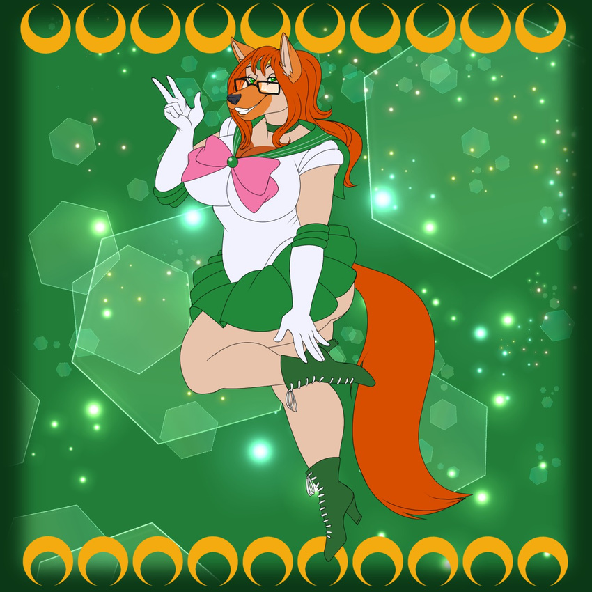 anthro big_breasts big_butt boots bow bow_tie breasts butt canine clothed clothing cosplay costume dog eyewear footwear fur glasses gloves green_eyes mammal natasha_rand sailor_jupiter sailor_moon_(series) solo sweetvixsin voluptuous