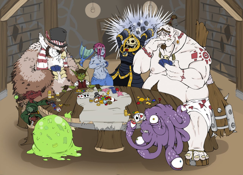 alien animated_skeleton avian bird bone breasts clothed clothing dannyg dragon elf facial_hair female goatee group humanoid male monster nipples nude owl poker sitting skeleton standing undead wide_hips