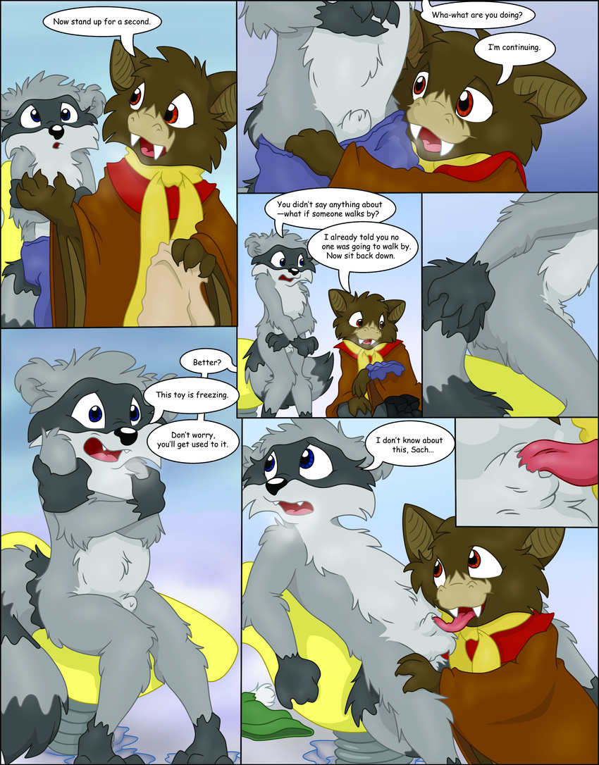 anthro bat blue_eyes brown_fur clothing comic cub fur grey_fur long_tounge male male/male mammal mitch_savours mizzyam raccoon sachel snow undressing young