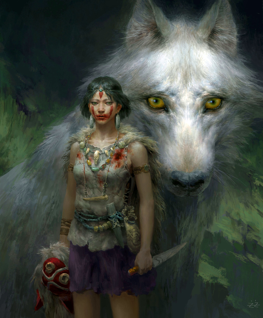 animal bare_arms belt black_hair blood blood_on_face bloody_clothes cape cowboy_shot dagger earrings facepaint goggles highres jewelry looking_at_viewer mask miniskirt mononoke_hime necklace realistic san scabbard sheath short_hair skirt studio_ghibli tianhua_xu weapon white_fur wolf yellow_eyes