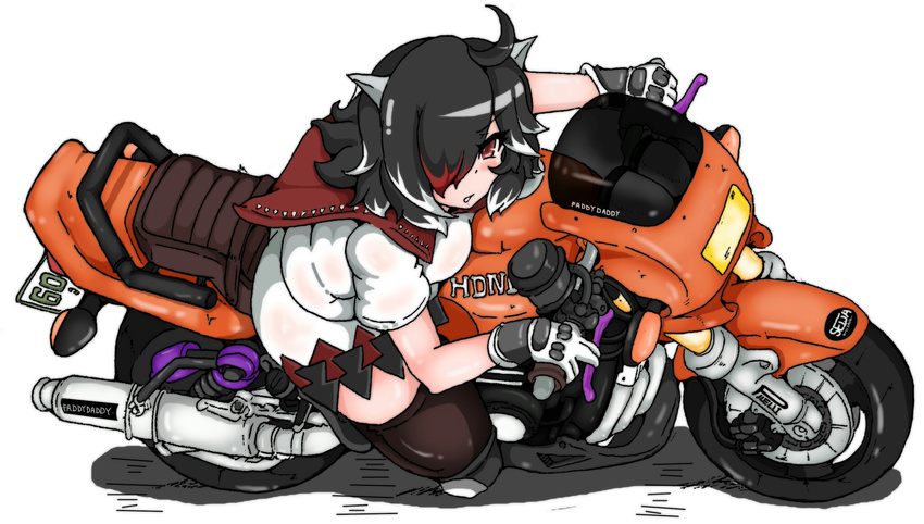 &gt;:( ahoge black_hair blush breasts brown_legwear commentary_request directional_arrow dress fang fang_out fat_folds frown gloves ground_vehicle hair_over_one_eye highres honda honda_cb400 honda_cb400sf horns kijin_seija looking_at_viewer medium_breasts motor_vehicle motorcycle multicolored_hair on_motorcycle plump red_hair riding short_hair solo streaked_hair thick_thighs thighhighs thighs touhou v-shaped_eyebrows walter_wolf0907 white_hair