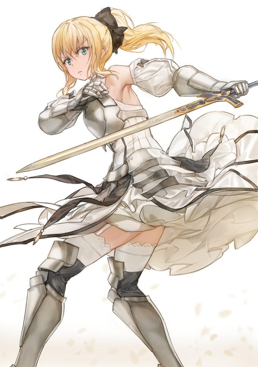 absurdres armor armored_boots armored_dress artoria_pendragon_(all) bangs bare_shoulders black_bow blonde_hair boots bow caliburn detached_sleeves dress eyelashes fate/stay_night fate/unlimited_codes fate_(series) faulds from_behind garter_straps gauntlets green_eyes hair_bow high_heel_boots high_heels highres holding holding_sword holding_weapon legs_apart long_hair looking_at_viewer parted_lips profile projected_inset puffy_sleeves saber saber_lily short_dress solo standing sword thighhighs weapon white_background white_dress white_legwear yohan1754