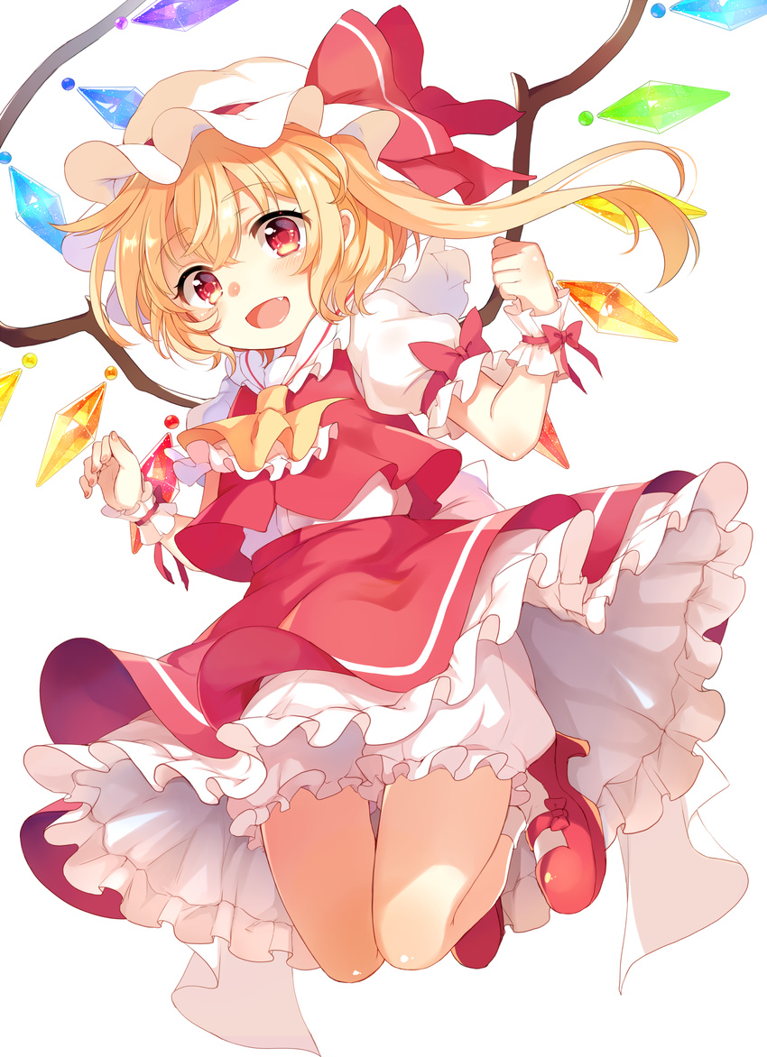 absurdres ascot bangs blonde_hair bloomers blush eyebrows_visible_through_hair flandre_scarlet full_body hat hat_ribbon highres long_hair looking_at_viewer mob_cap open_mouth paragasu_(parags112) red_eyes red_footwear red_skirt ribbon shoes side_ponytail simple_background skirt skirt_set smile socks solo touhou underwear vest white_background white_legwear wings wrist_cuffs