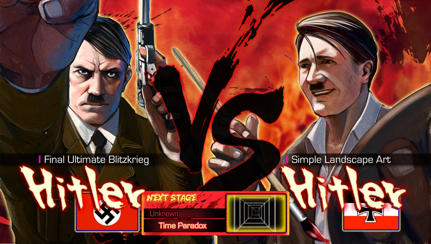 adolf_hitler arm_up art_brush black_hair commentary dual_persona english facial_hair finger_on_trigger fingernails gameplay_mechanics gun handgun holding holding_gun holding_paintbrush holding_weapon imperial_german_flag iron_cross light_persona luger_p08 military military_uniform multiple_boys mustache nazi nazi_flag necktie paintbrush palette parody pazero pistol real_life real_life_insert red salute serious smile straight-arm_salute street_fighter street_fighter_iv_(series) swastika time_paradox uniform vs weapon