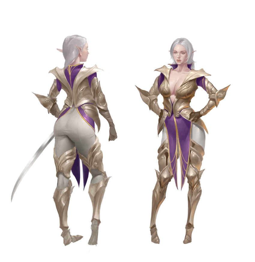 armor armored_boots ass bangku_an blue_eyes boots breasts cleavage collarbone contrapposto cowter elf from_behind full_body gloves hands_on_hips highres large_breasts lips original pointy_ears realistic solo standing sword vambraces weapon white_hair