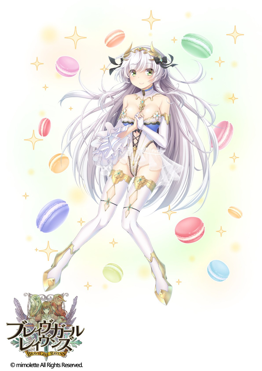 akatsuki_rabbit bangs bare_shoulders brave_girl_ravens breasts character_request collarbone copyright_name elbow_gloves eyebrows_visible_through_hair food full_body gloves green_eyes hair_ornament hair_ribbon hands_clasped highres interlocked_fingers jewelry lavender_hair leotard logo long_hair looking_at_viewer macaron medium_breasts official_art own_hands_together ribbon see-through simple_background single_glove smile solo sparkle thighhighs tiara white_background