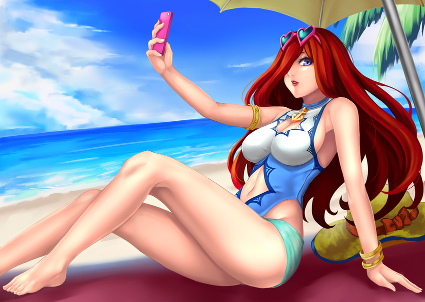 arm_support armlet armpits bare_legs bare_shoulders barefoot beach beach_umbrella blue_eyes blue_sky bracelet breasts cellphone cleavage cleavage_cutout cloud commentary_request day eyewear_on_head from_side hair_over_one_eye hat highres horizon jewelry large_breasts league_of_legends long_hair looking_at_viewer looking_to_the_side midriff navel navel_cutout one-piece_swimsuit outdoors parted_lips phone pool_party_miss_fortune red_hair sarah_fortune sitting sky smartphone solo stomach sun_hat swimsuit thighs umbrella yashichii