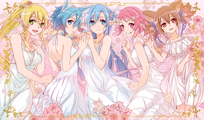 :d animal_ears aqua_eyes aqua_hair asuna_(sao) bangs bare_shoulders blonde_hair blue_eyes blue_hair blue_ribbon blush braid breasts brown_hair cat_ears closed_mouth collarbone commentary_request dress eyebrows_visible_through_hair flower frame green_eyes grin hair_between_eyes hair_flower hair_ornament hair_ribbon hair_tie hairband hand_up hands_up high_ponytail index_finger_raised jianmo_sl leafa lisbeth long_dress long_hair looking_at_viewer looking_to_the_side medium_breasts multiple_girls open_mouth pink_background pink_eyes pink_flower pink_hair pink_hairband pointy_ears ponytail red_eyes ribbon shiny shiny_hair shiny_skin short_hair short_twintails shoulder_blades sidelocks silica simple_background sinon sleeveless sleeveless_dress small_breasts smile standing strapless strapless_dress sword_art_online twin_braids twintails very_long_hair white_dress white_flower