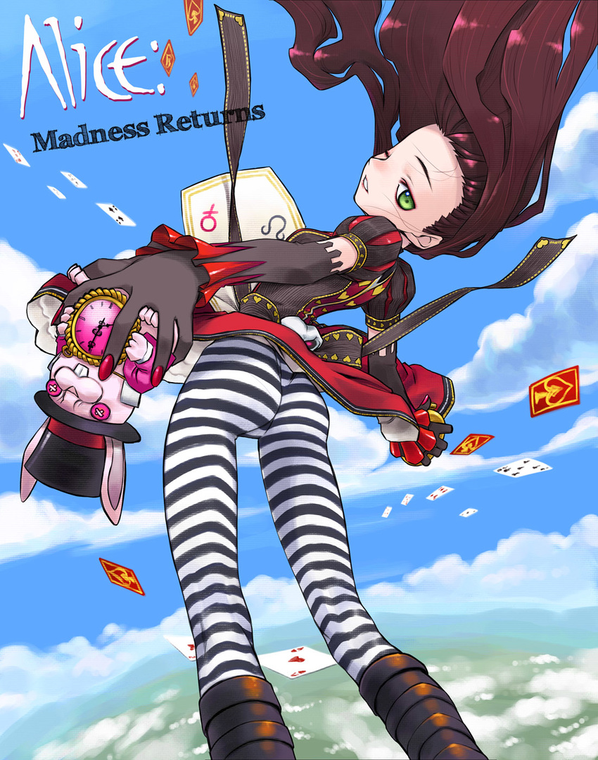 alice:_madness_returns alice_(wonderland) alternate_costume american_mcgee's_alice ass boots brown_hair card cloud day falling_card foreshortening gloves green_eyes hands highres nakamura_tetsuya one_eye_closed pantyhose playing_card sky solo striped striped_legwear