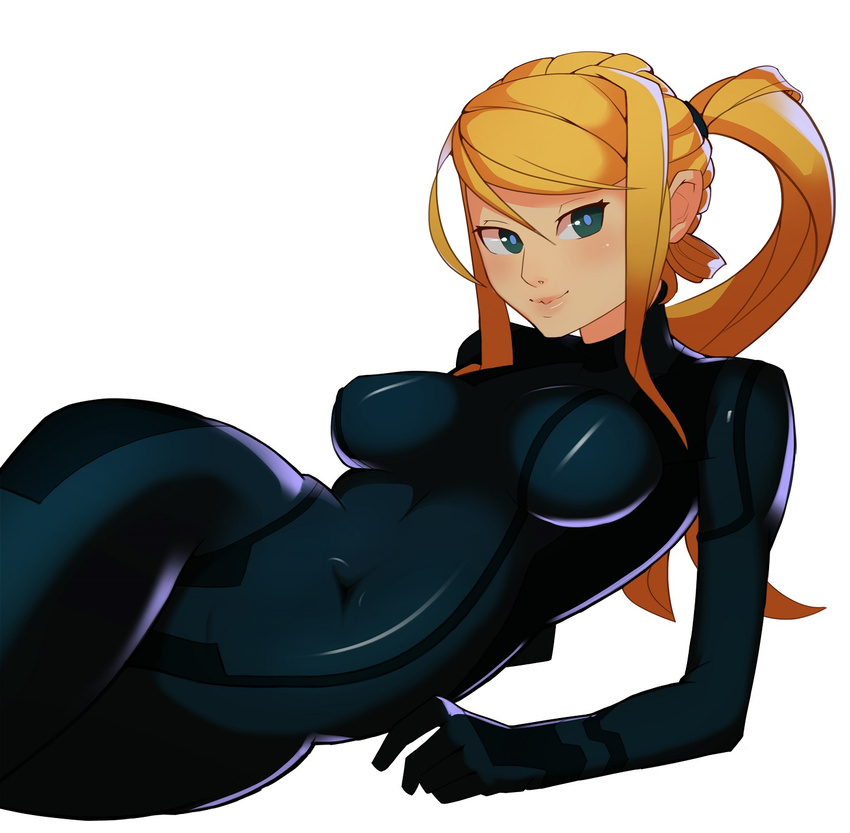 alternate_color blonde_hair bodysuit breasts green_eyes highres lips long_hair lying medium_breasts metroid nose player_2 ponytail samus_aran skin_tight smile solo splashbrush super_smash_bros. zero_suit