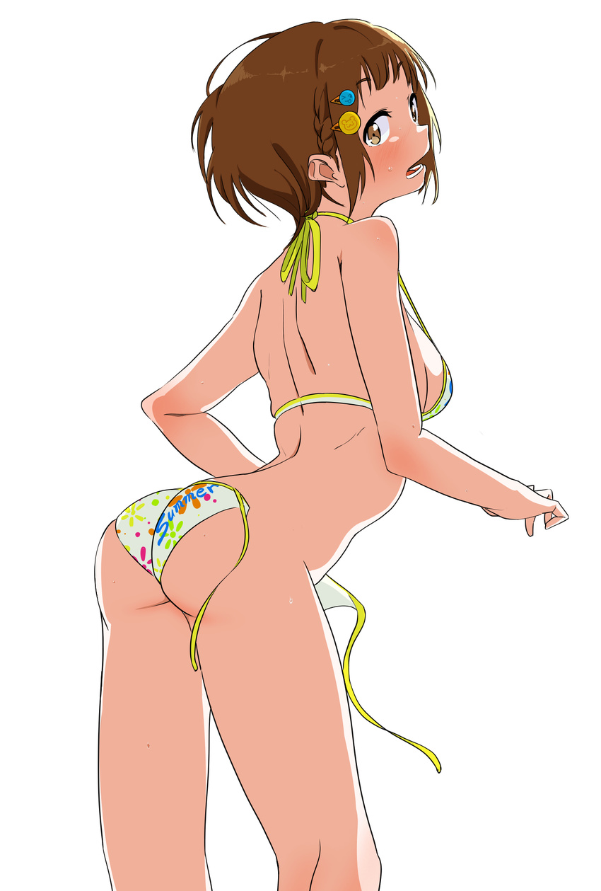 arched_back ass back bare_arms bikini blush body_blush bouen braid breasts brown_eyes brown_hair commentary_request eyebrows_visible_through_hair hair_ornament hairclip highres idolmaster idolmaster_cinderella_girls kitami_yuzu leaning_forward legs_apart open_mouth print_bikini short_hair side-tie_bikini side_braid sideboob small_breasts solo standing strap_gap string_bikini swimsuit transparent_background untied untied_bikini wardrobe_malfunction yellow_bikini