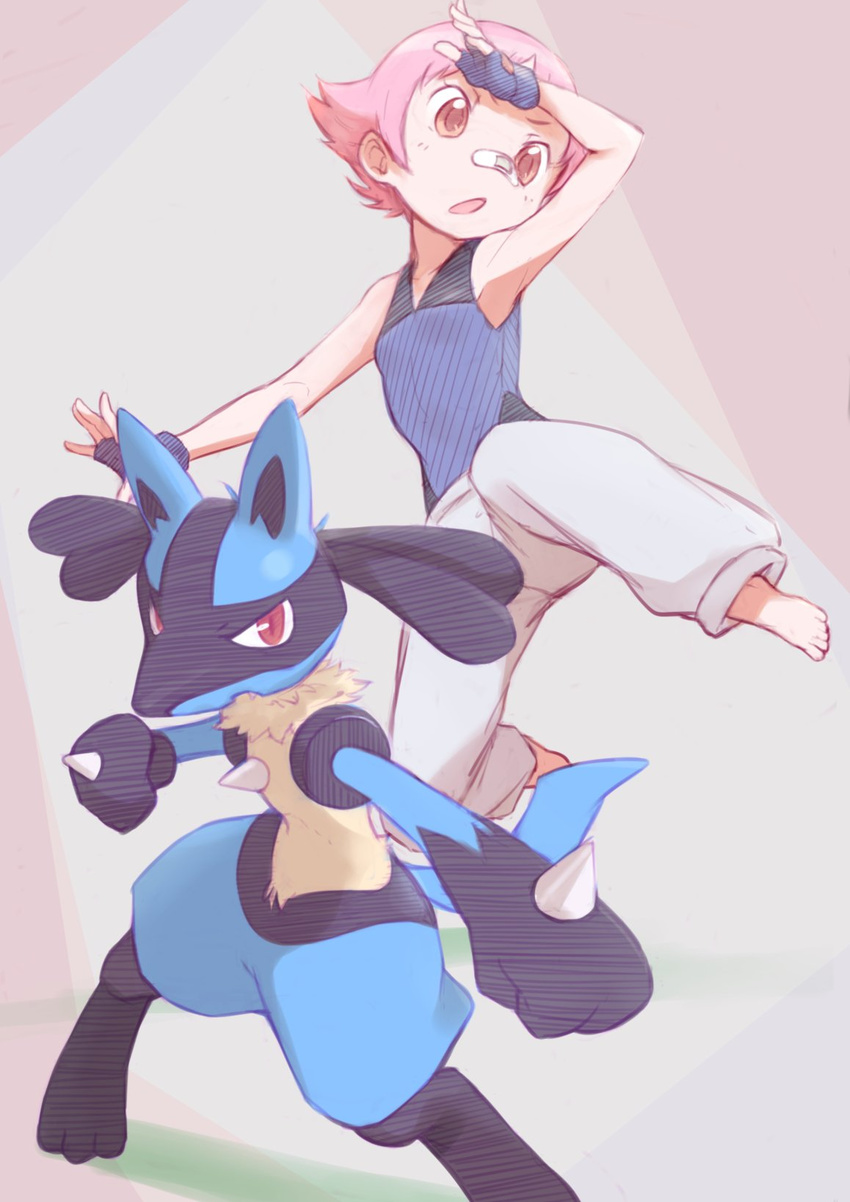 bandaid bandaid_on_nose blue_gloves blush commentary_request fingerless_gloves gen_4_pokemon gloves highres looking_at_viewer looking_away lucario okayparium open_mouth pink_eyes pink_hair pokemon pokemon_(creature) pokemon_(game) red_eyes short_hair sleeveless sumomo_(pokemon)